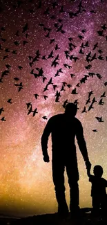 Silhouette of father and child under a starry night sky with birds.