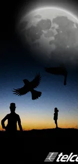 Silhouette of people and birds against a night sky and moon, Telcel logo present.