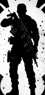 Silhouette of a soldier in black and white on a mobile wallpaper.