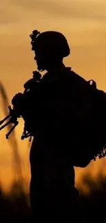 Silhouette of a soldier against a golden sunset.