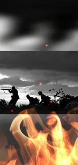 Silhouetted soldiers with flames below against a dramatic sky in mobile wallpaper.