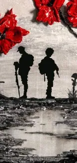 Wallpaper with soldiers' silhouettes and red poppies on a textured gray background.