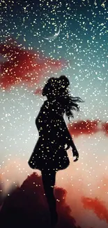 Silhouette of girl under starry night sky with clouds.