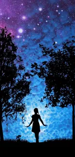 Silhouette of a girl under starry night sky with trees. Vibrant purple and blue hues.