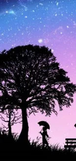 Silhouette of person with umbrella under a starry, purple sky with a tree and bench.