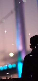 Silhouette with stars over a dreamy purple night sky and bridge background.