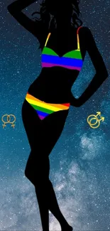 Silhouette of a figure with rainbow colors on a starry cosmic background.