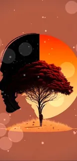 Silhouette of a tree and figure against a vibrant sunset background.