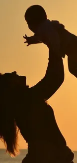 Silhouette of parent holding child against a golden sunset sky.