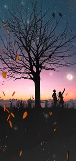 Silhouette of a tree at sunset with two figures below a starry sky.