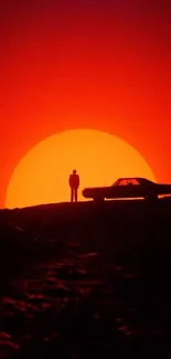 Person and car silhouette against a stunning red sunset sky.