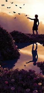 Silhouette of person by a reflective pool at sunset, surrounded by butterflies.