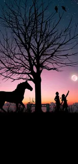 Silhouette of a tree and horse at sunset beneath a starry sky.