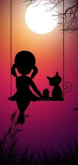 Silhouette of girl and cat on swing at sunset.