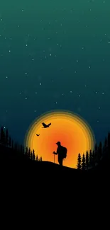 Hiker silhouette at sunset with birds and stars in a dark teal sky.