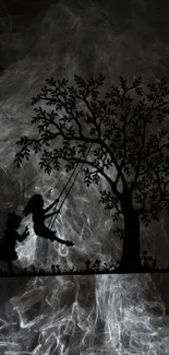 Silhouette of child on swing against smoky backdrop.