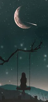 Silhouette on swing under crescent moon in starry night sky.