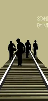 Silhouette figures walking on a train track minimalist wallpaper.