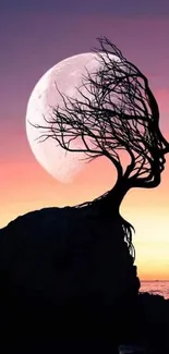 Tree silhouette forming a face against a sunset sky mobile wallpaper.