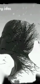 Silhouette of woman blended with tree and birds in a serene black and white art.