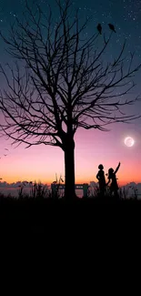 Silhouette of tree against a night sky with sunset glow and stars.