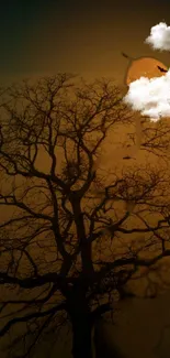 Silhouetted tree under a night sky with clouds and a glowing moon.