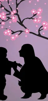 Silhouette of mother and child under cherry blossom tree on purple background.