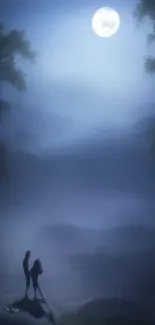 Silhouette of a couple under a moonlit sky in a misty forest scene.