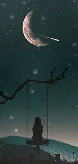 Silhouette on swing under crescent moon and starry sky with shooting star.