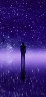 Silhouette standing under a starry sky with purple reflections.