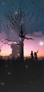 Silhouette of two people under a starry sky at sunset.