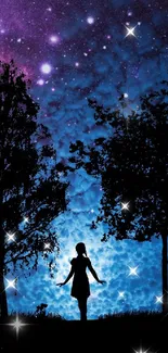 Silhouette of a girl beneath a starry night sky with trees and cosmic colors.