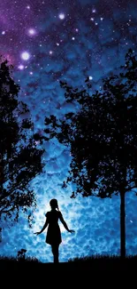 Silhouette of a girl with trees under a starry sky, creating a mystical night scene.