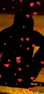 Silhouette with red hearts on a golden background wallpaper.