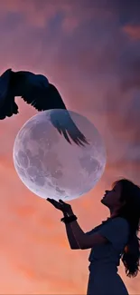 Silhouette of person with moon and bird at sunset.