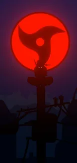 Silhouette with glowing eyes against a bright red moon.