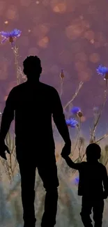 Silhouette of a parent and child with wildflowers background on mobile wallpaper.