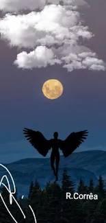 Silhouetted angel with wings against a moonlit night sky over a forest.