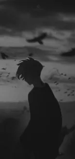 Silhouetted anime character with flying birds against a dramatic sky in grayscale.