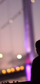 Silhouette of person with guitar against blurred city lights.