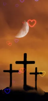 Silhouetted crosses with a sunset background.