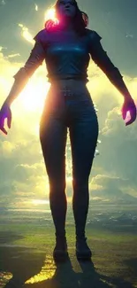 Silhouette of a woman with sunlight in the background, on a mobile wallpaper.