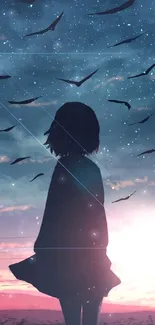 Silhouette of a girl at sunset with birds and a starry sky.