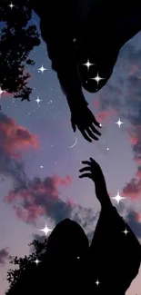 Silhouetted hands reaching at twilight with crescent moon and stars.