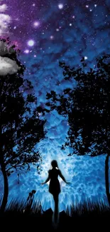 Silhouetted figure under a starry night sky with vibrant blue and cosmic elements.