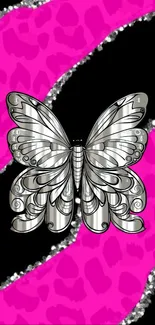 Silver butterfly with vibrant pink stripes background.