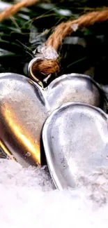 Silver heart ornaments on snow with evergreen branches.