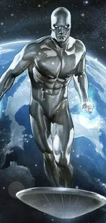 Silver superhero soaring above Earth in cosmic wallpaper art.