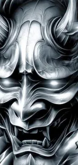 Silver Oni demon mask artistic wallpaper design.