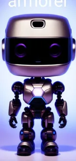 Futuristic silver robot glowing with blue and purple aura.